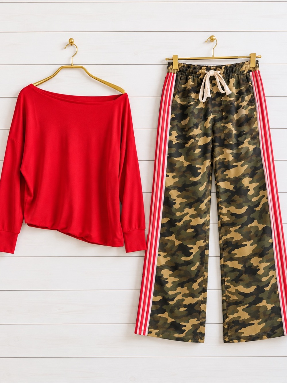 Boho GirLie SET: The Carlyle” Red Top with Camo Track Pants Set